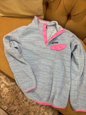 Patagonia Light Blue Fleece Pullover with Pink Trim